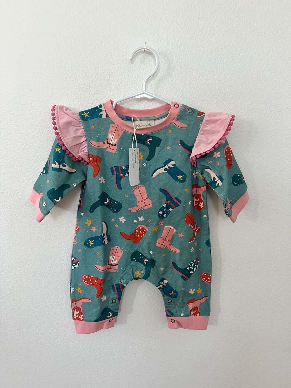 Miki Miette Baby Cowboy Boot Print Ruffle Romper
